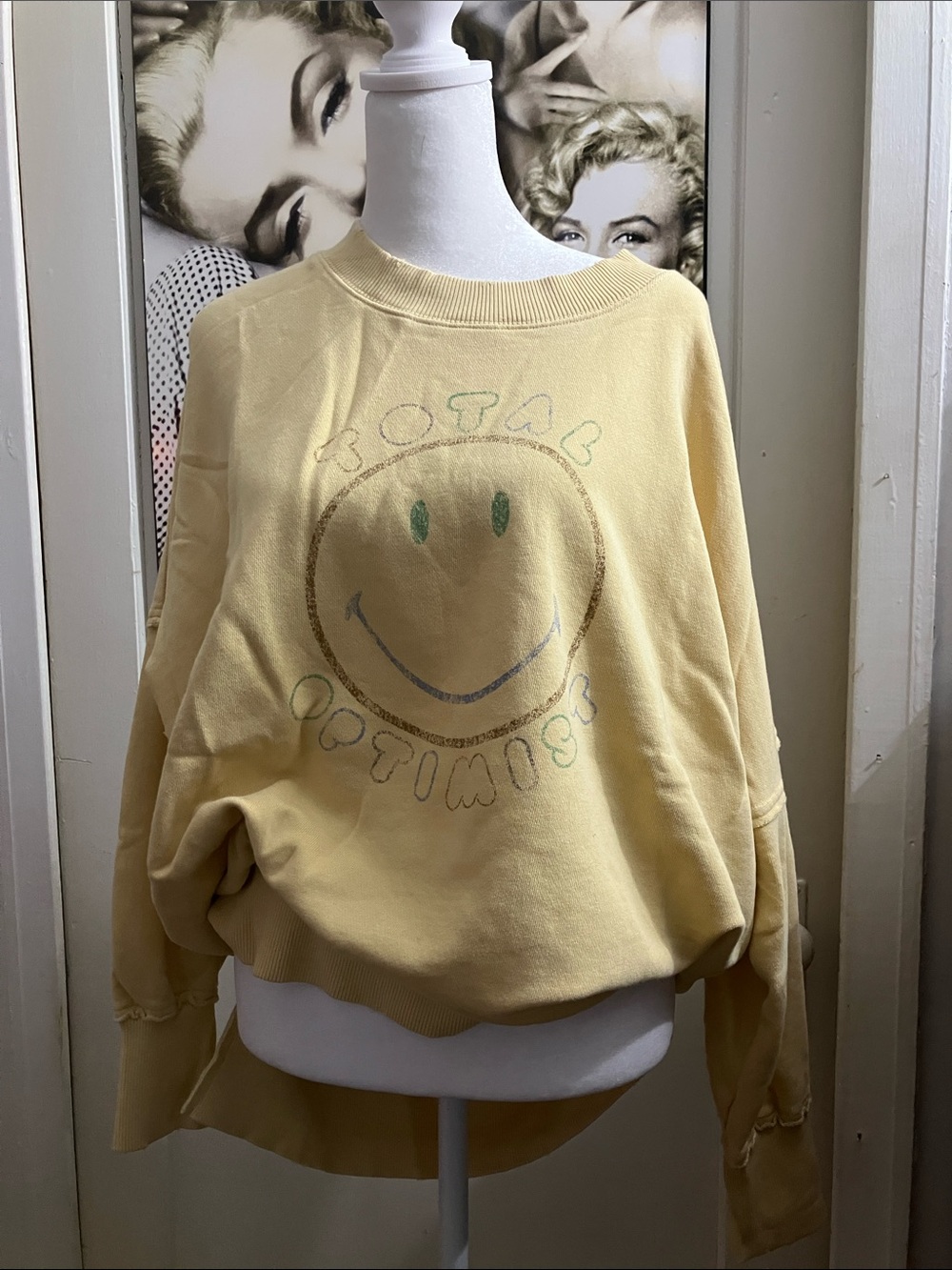aerie Pale Yellow Smiley Distressed Graphic Crewneck Sweatshirt
